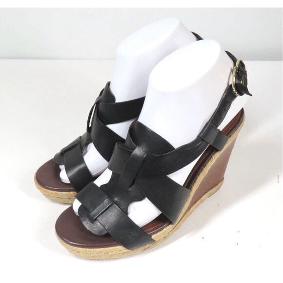 Cole Haan Strappy Black Leather Brown Wedge Slingback Sandals Women 6.5 - Picture 3 of 9